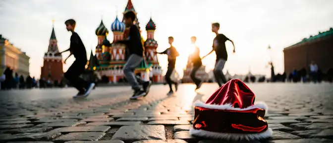 Участники танцевального коллектива Ghetto Kids устроили перформанс на Красной площади в московских ушанках